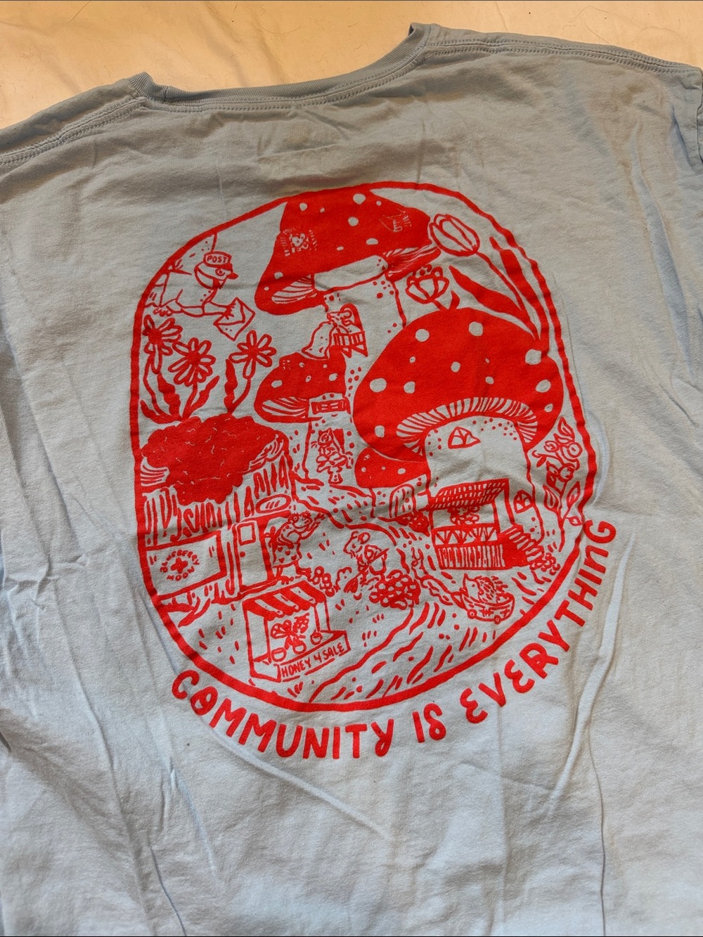 Light Blue Short Sleeve Tee with Red Mushroom Graphic - Unbranded